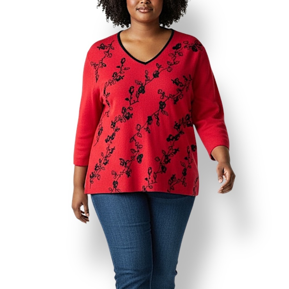 4/$20 Teddi Red Floral Velvet Trim V-Neck Knit Top Plus Size 1X
